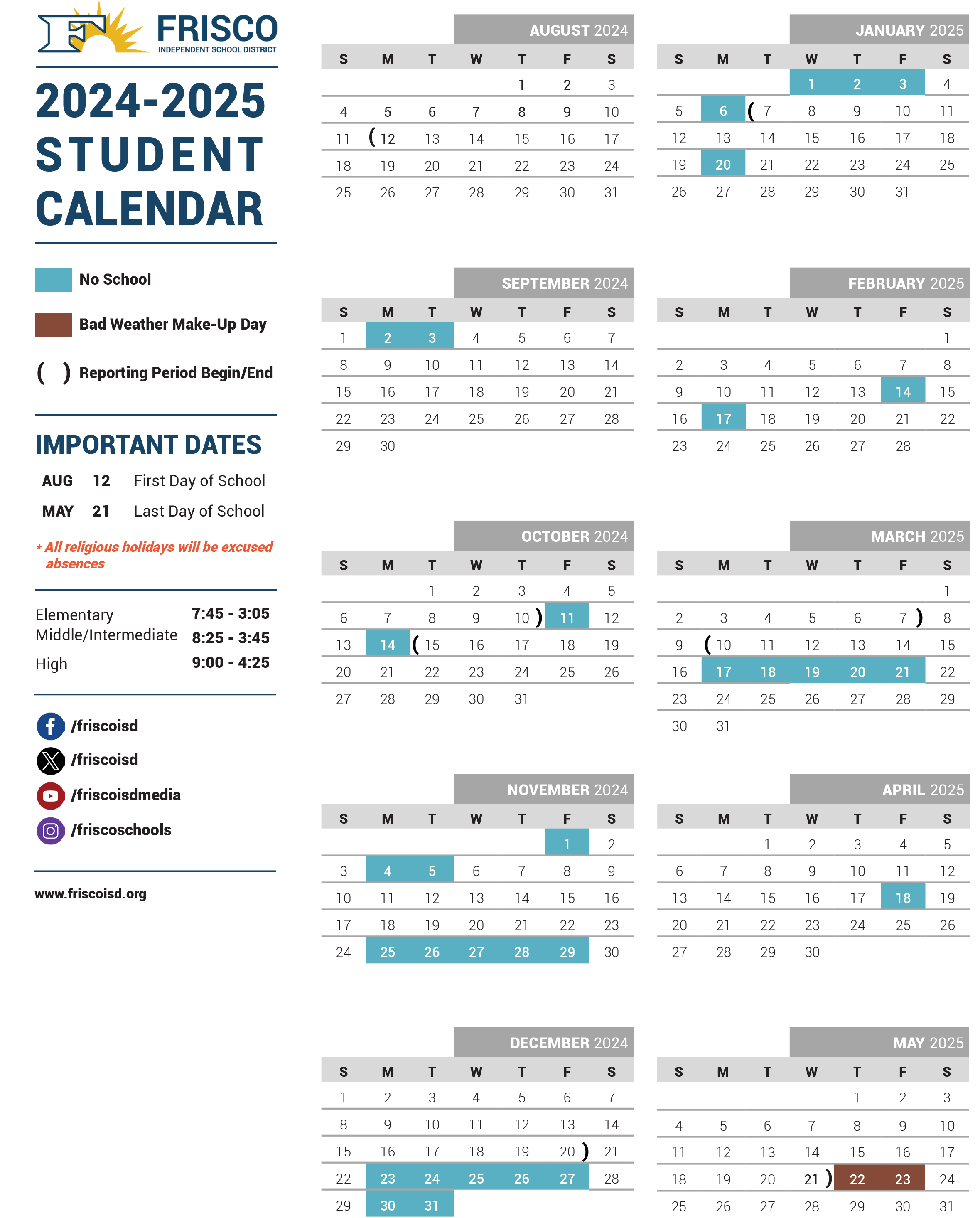 Sisd 2024 25 Calendar Printable Calendar 2024   2024 2025 Student Calendar 